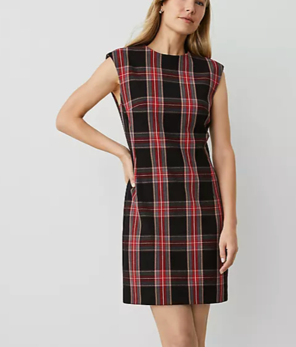 NWT ANN TAYLOR BLACK RED PETITE PLAID SHIFT DRESS SZ 0P 0 - Picture 2 of 7